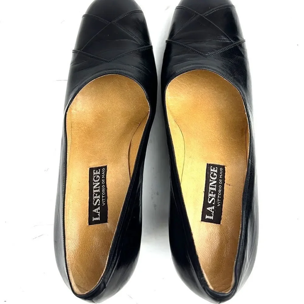 Black Leather Italian made Pumps Heels LA SFINGE by Vittorio De Maio size 9,5